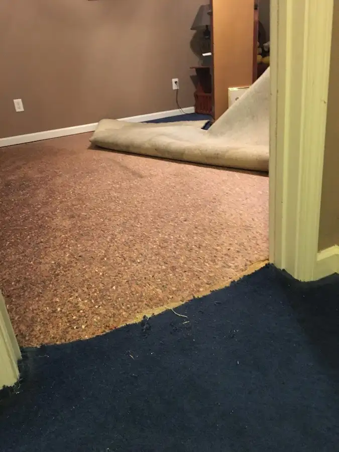 Carpet pad removal revealing water damage during Drying & Dehumidification in Orangevale